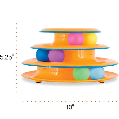 WTN Essentials 3-Tier Cat Track Toy with colorful balls, measuring 10" wide by 5.25" high.