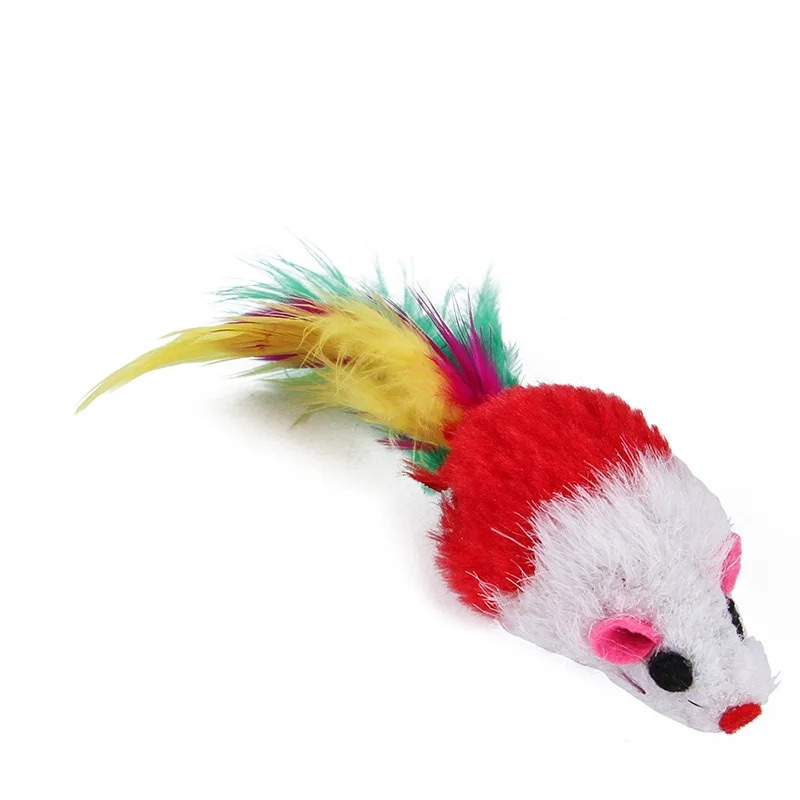 Plush feather mouse cat toy with red and white fur and bright multicolor tail