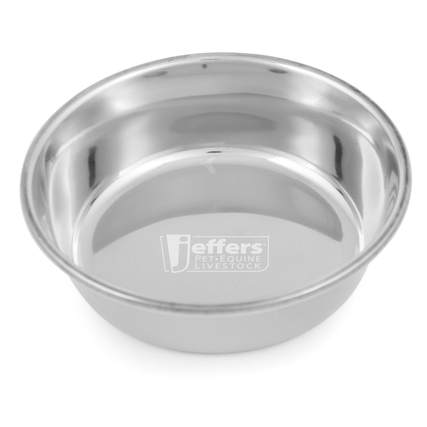Stainless steel pet bowl close-up interior with center logo, top view.