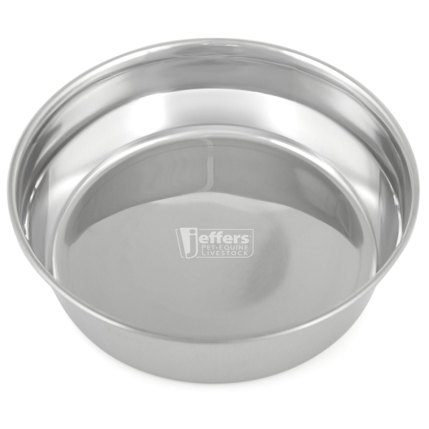 Stainless steel pet bowl close-up of inner base with center logo, top view.