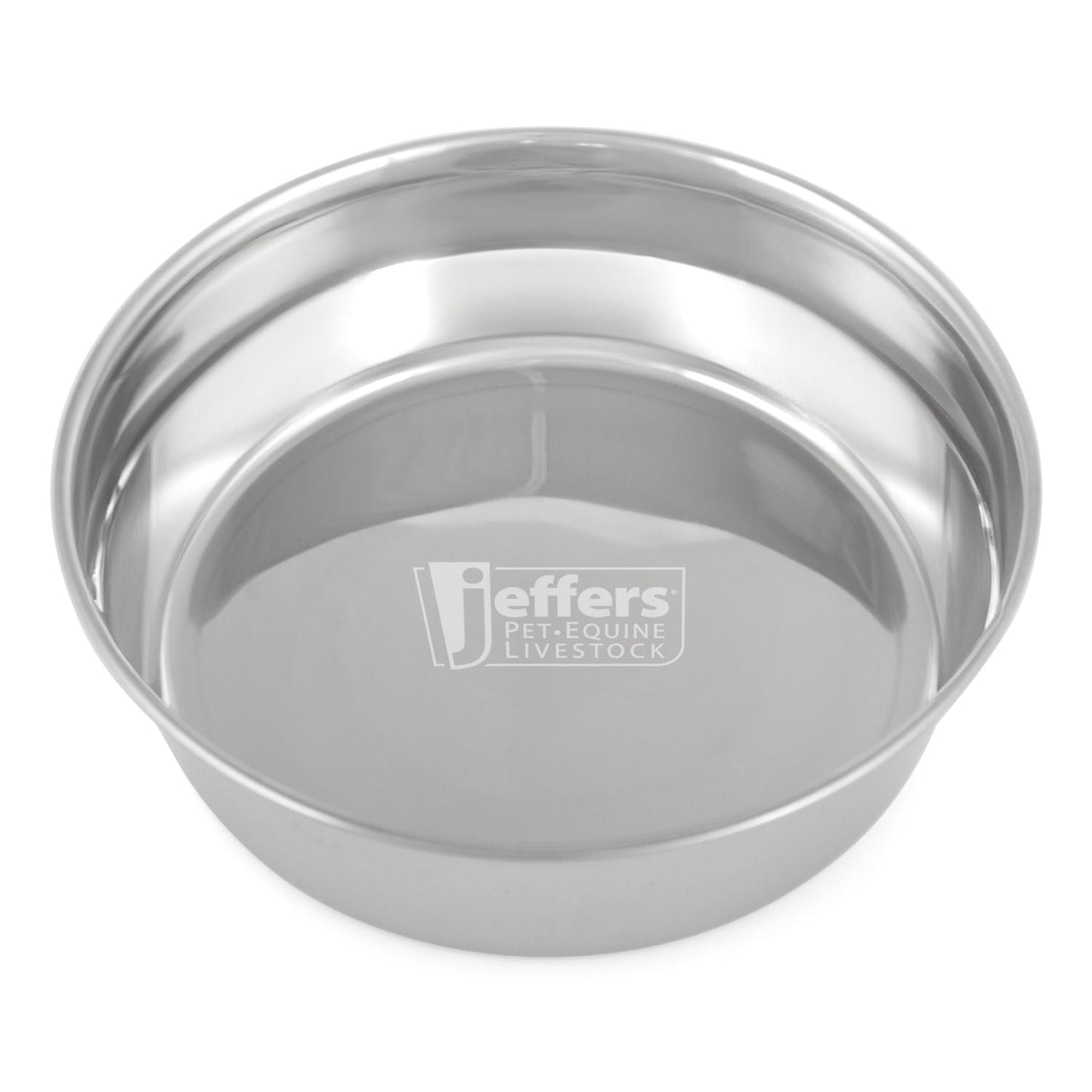 Stainless steel pet bowl close-up of interior base, top view with center logo.