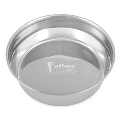 Stainless steel pet bowl close-up of interior base, top view with center logo.