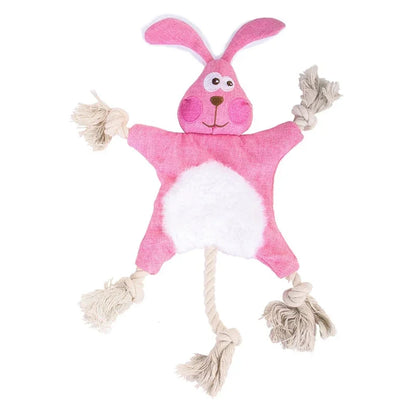Pink bunny dog toy with rope tassels for chewing and playing, ideal for puppies and active dogs