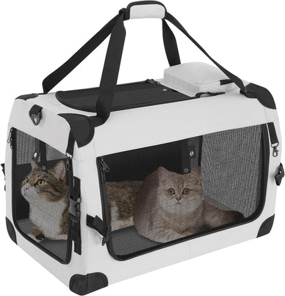 Soft-sided cat carrier with two mesh side panels and top handle, grey/black, rectangular.