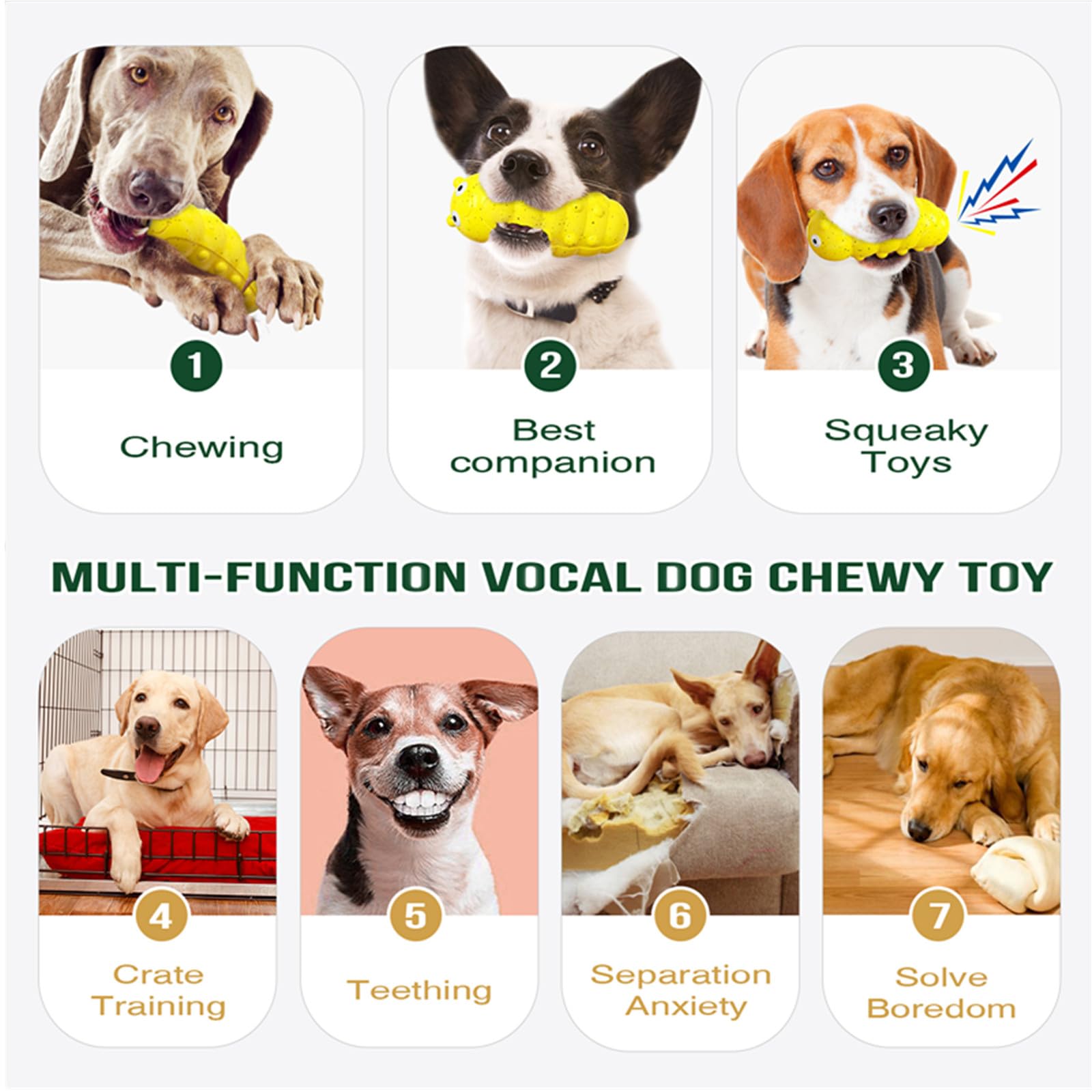 Yellow ribbed dog chew toy with cartoon face, shown in a dog activity graphic.