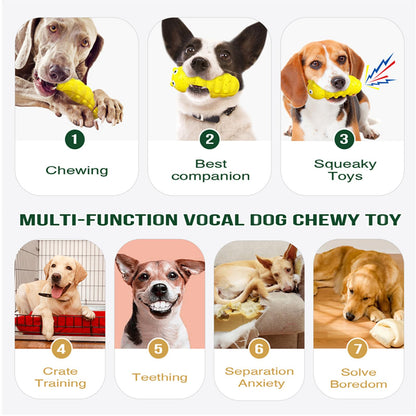 Yellow ribbed dog chew toy with cartoon face, shown in a dog activity graphic.