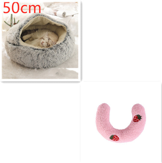 Grey plush pet bed for cats and dogs, 50cm round donut design with plush comfort bed