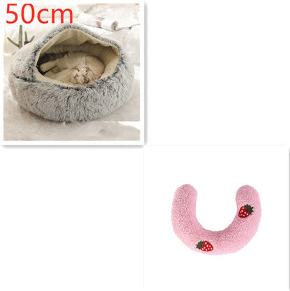 Grey plush pet bed for cats and dogs, 50cm round donut design with plush comfort bed