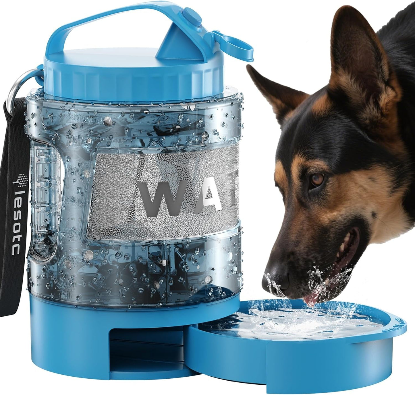 Light blue dog travel water bottle with built-in spill-proof drinking bowl