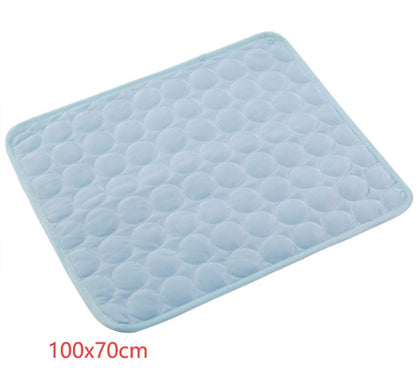 Light blue pet cooling pad with raised bubble texture and padded edge