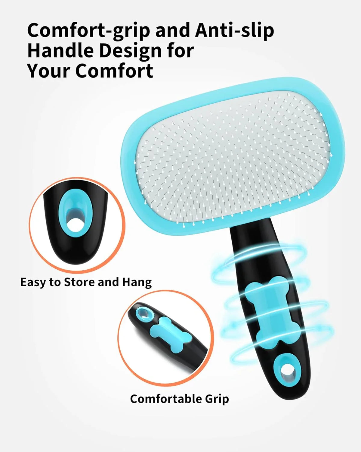 Blue rubber bristle pet brush on black handle with anti-slip grip