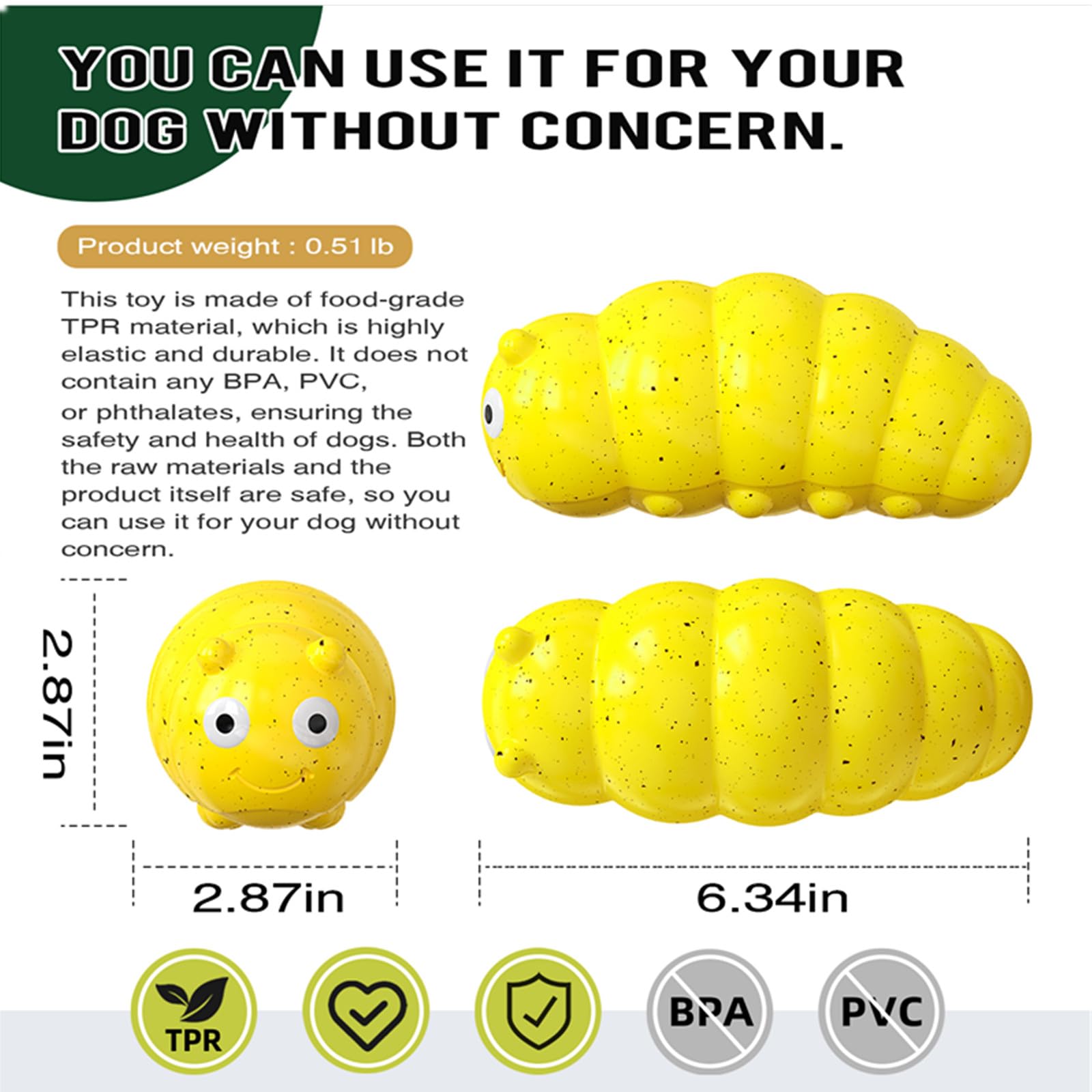 Yellow ribbed caterpillar-shaped dog chew toy with round cartoon eyes.