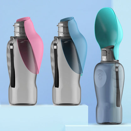 Portable dog water bottle set with silver bodies, pink and blue flip spouts, and carry strap