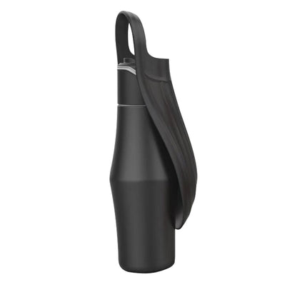 Black portable pet water bottle with flip spout and carrying handle