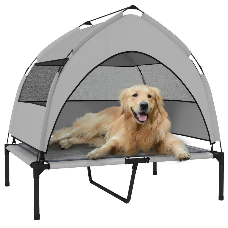 Light gray elevated dog bed with canopy and mesh sides, raised platform cot