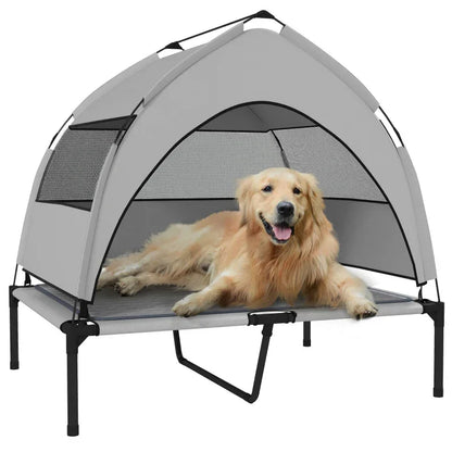 Light gray elevated dog bed with canopy and mesh sides, raised platform cot