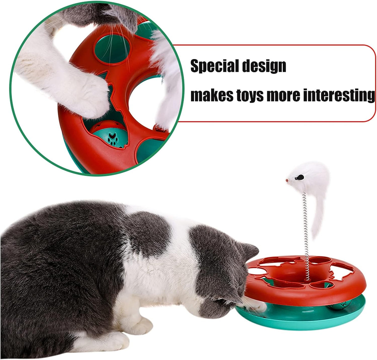 Interactive cat toy with white spring mouse and red-and-teal circular base