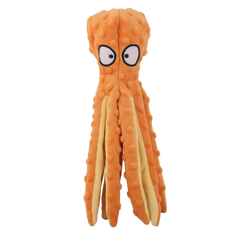 Octopus squeaky dog toy plush in orange with textured tentacles and cartoon eyes