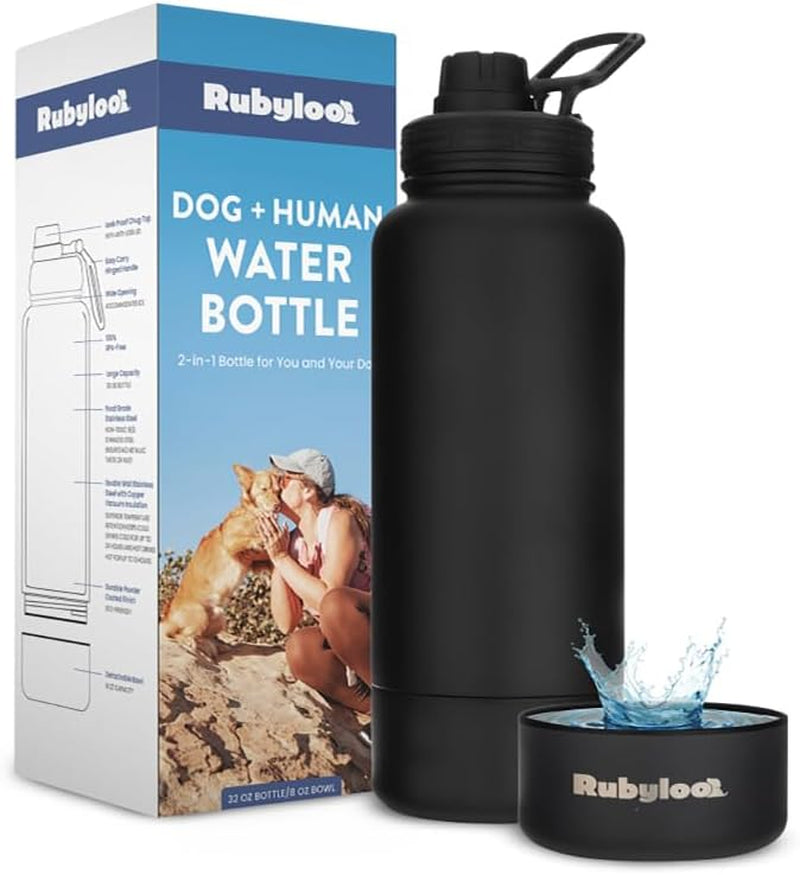 Insulated dog water bottle with black finish and matching bowl, hinged carry handle