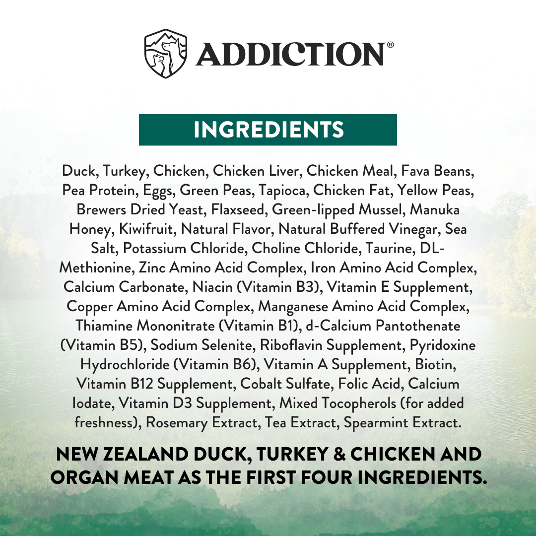 Dry dog food ingredients panel listing duck, turkey, chicken, organ meat, and vitamins