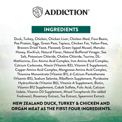 Dry dog food ingredients panel listing duck, turkey, chicken, organ meat, and vitamins