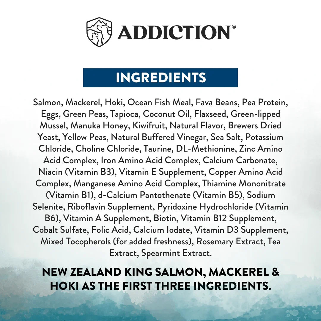 Ingredients list panel for dry dog food with salmon, mackerel, and hoki highlighted