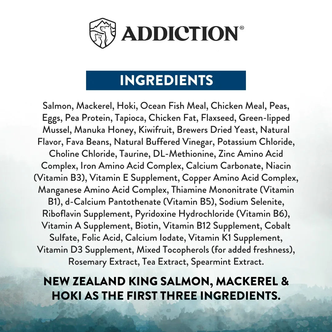 Ingredients panel listing salmon, mackerel, hoki, vegetables, minerals, and vitamins