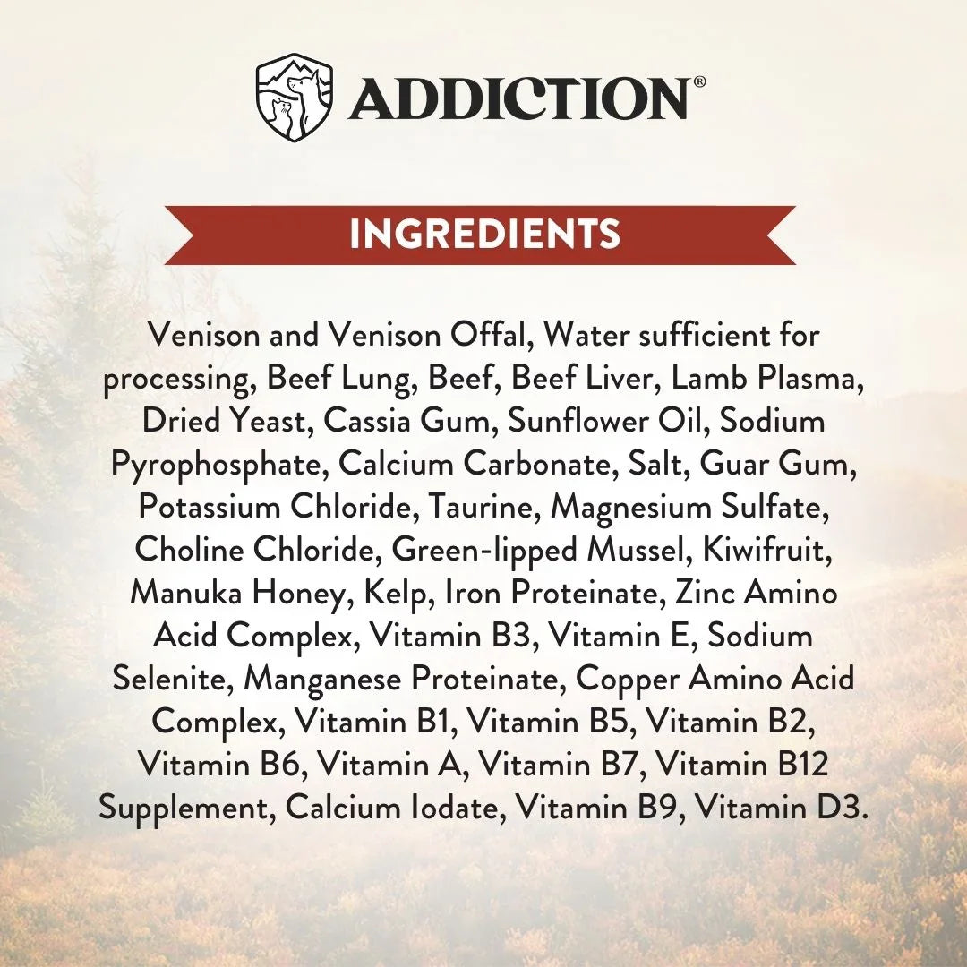 Cat food ingredients panel for New Zealand venison recipe