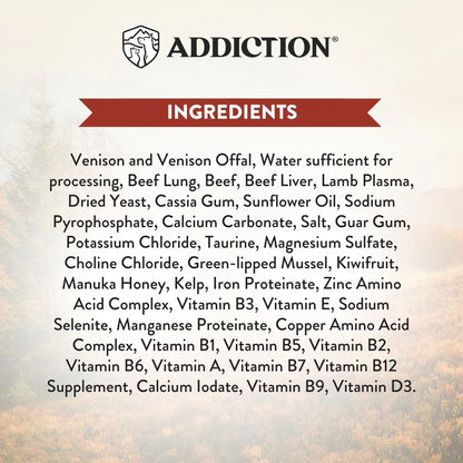 Cat food ingredients panel for New Zealand venison recipe