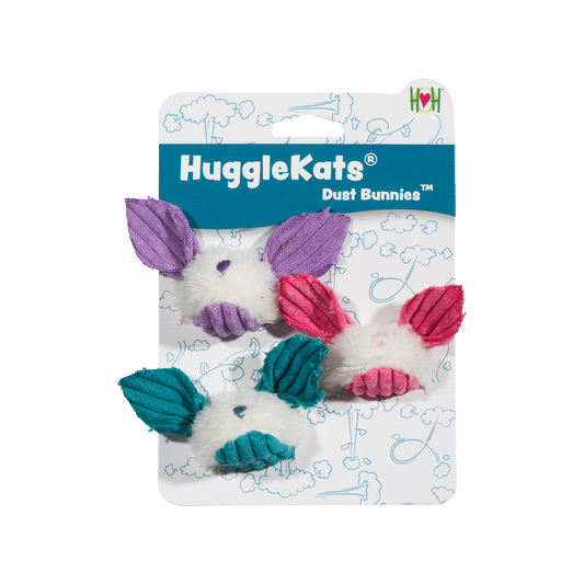 HuggleKats® Dust Bunnies plush cat toy 3-pack with purple, pink, and teal bunnies