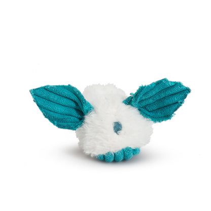 Teal and white plush dust bunny cat toy with ridged ears and soft paws