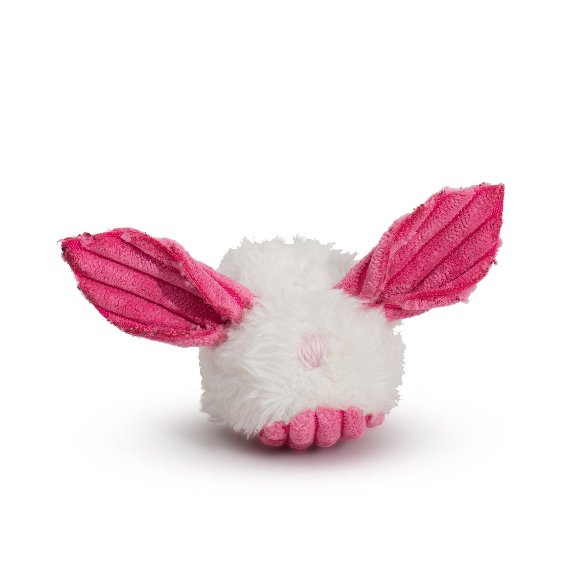 Pink and white plush dust bunny cat toy with ridged ears and textured paw pads