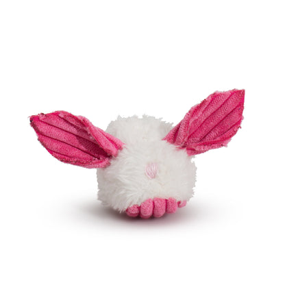 Pink and white plush dust bunny cat toy with ridged ears and textured paw pads