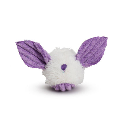Purple and white plush dust bunny cat toy with ridged ears and soft paw pads
