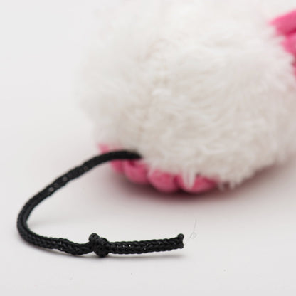 Plush dust bunny cat toy with black fabric string and pink textured paw