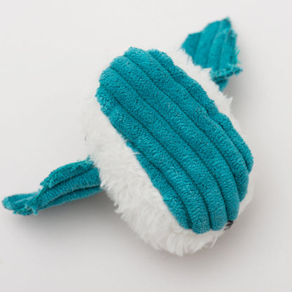 Teal plush dust bunny cat toy on side view with textured ridged ear details