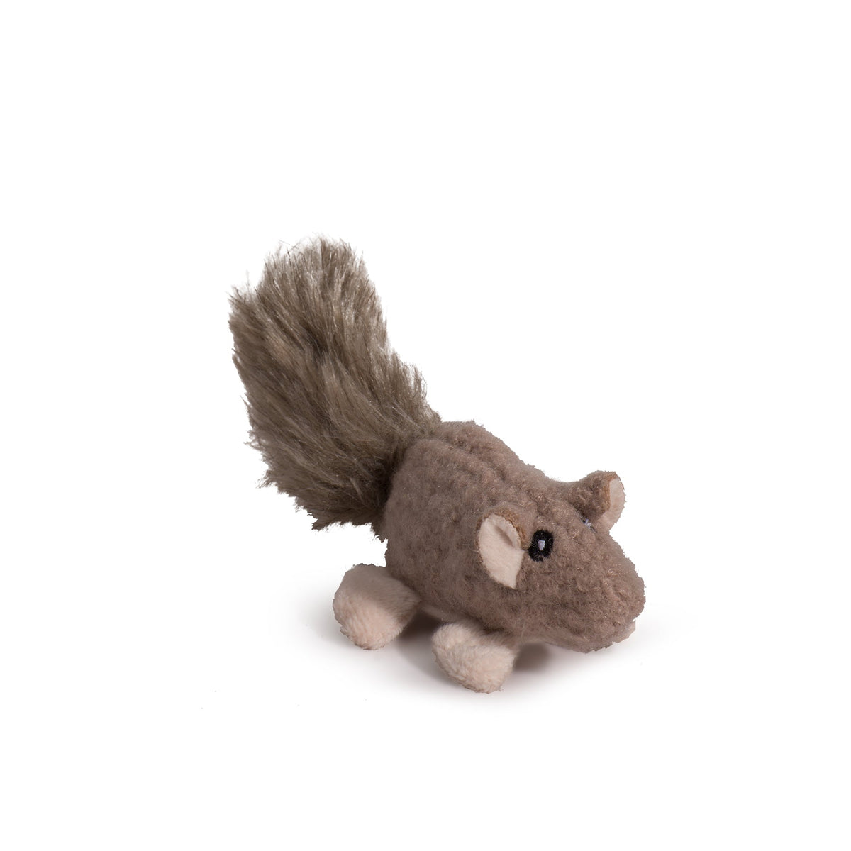 Small brown squirrel plush cat toy with curled tail and stitched face