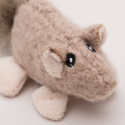 Brown plush squirrel face with black button eyes and cream muzzle