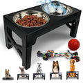 Raised black pet food and water stand with two stainless steel bowls on a sturdy base