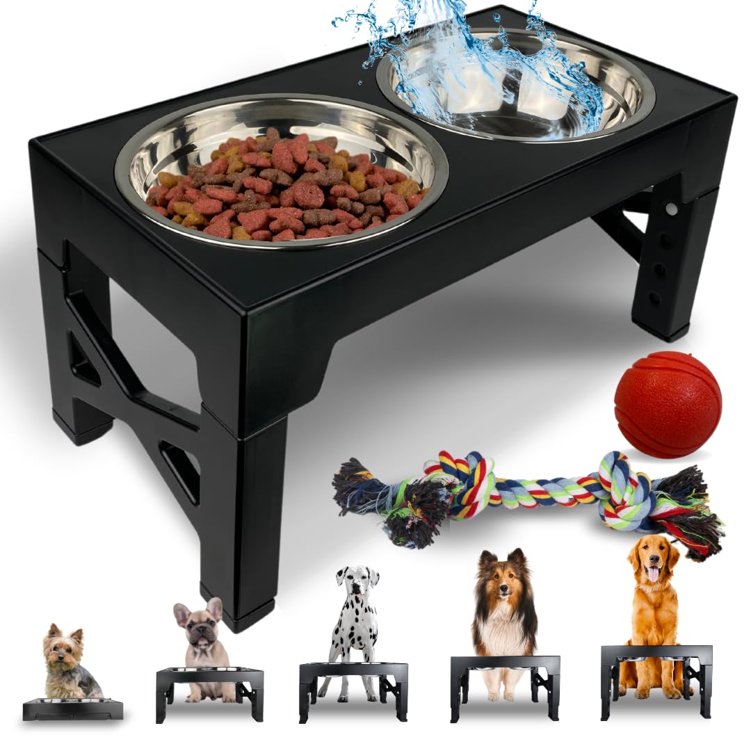Raised black pet food and water stand with two stainless steel bowls on a sturdy base