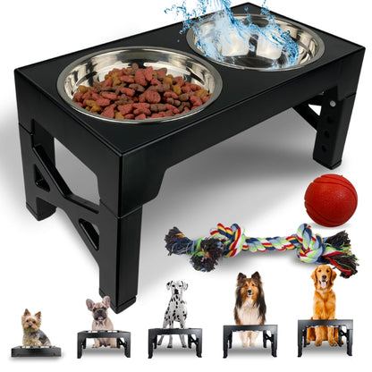 Raised black pet food and water stand with two stainless steel bowls on a sturdy base