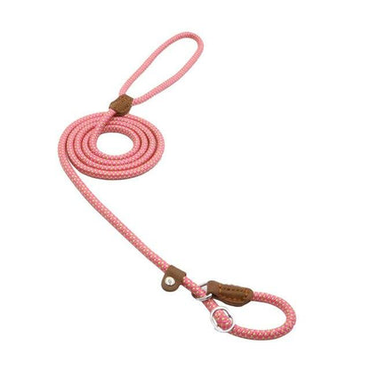Nylon dog leash set, pink rope with brown leather tabs and metal clip.