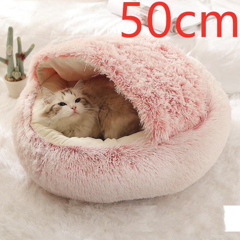 Pink plush round pet bed with raised rim, 50 cm