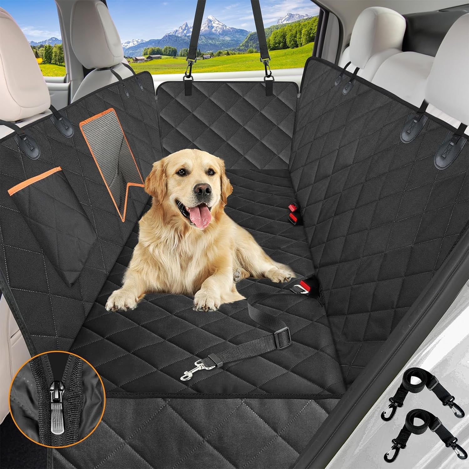 Black quilted waterproof dog car seat cover with adjustable straps and buckles