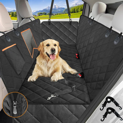 Black quilted waterproof dog car seat cover with adjustable straps and buckles