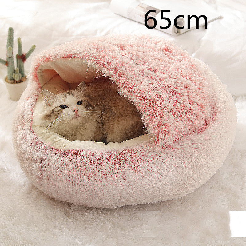 Plush pet bed for cats and dogs, 65cm, pink fluffy round cave with cat inside