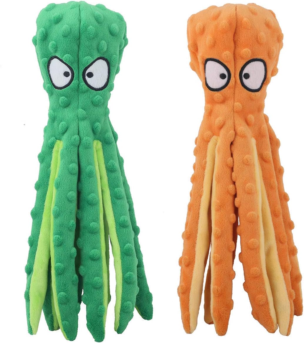 Green and orange octopus squeaky dog toys plush, each with wide cartoon eyes