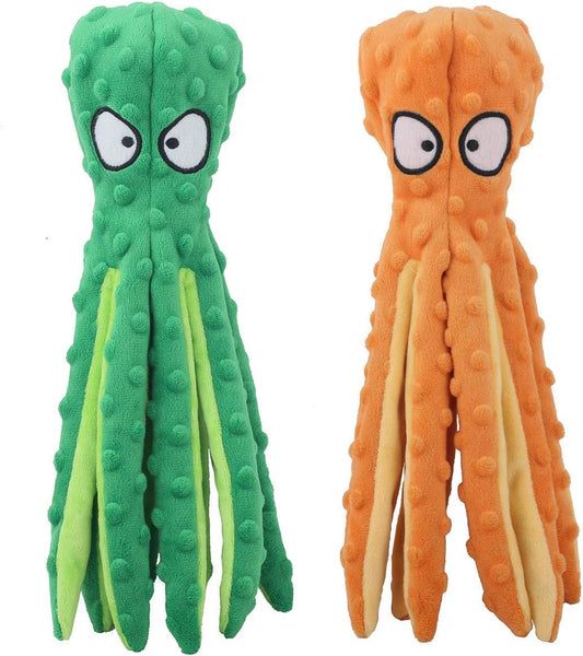 Green and orange octopus squeaky dog toys plush, each with wide cartoon eyes