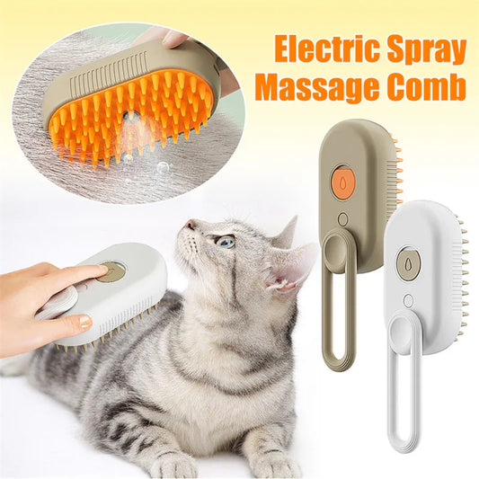 Electric spray massage comb for cats with white handle and orange spiked brush head