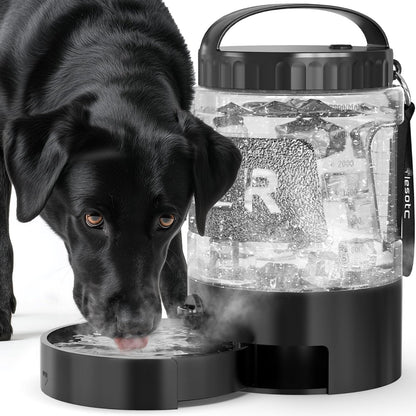 Clear water dog travel bottle with black base and built-in drinking bowl